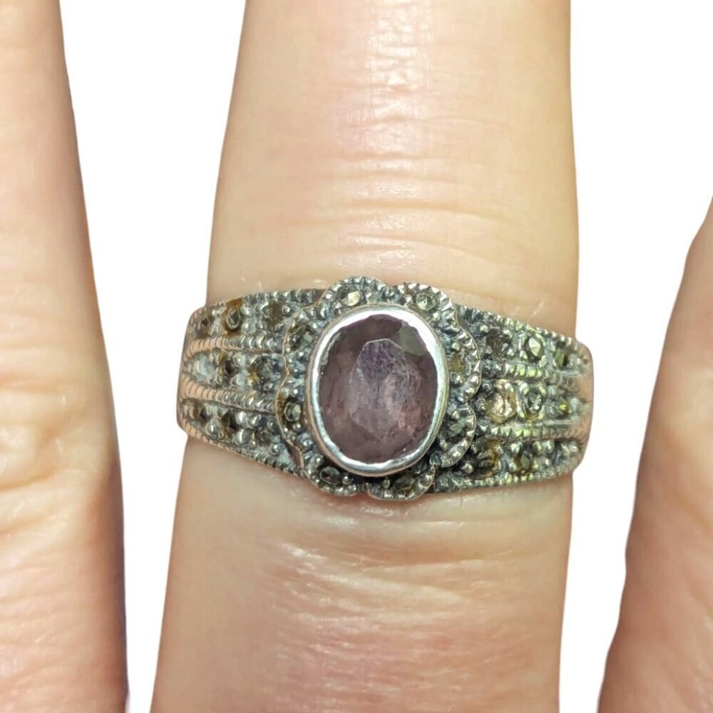 Amethyst Marcasite Sterling Silver Victorian Art Deco Art Nouveau‎ Boho Ring 10
